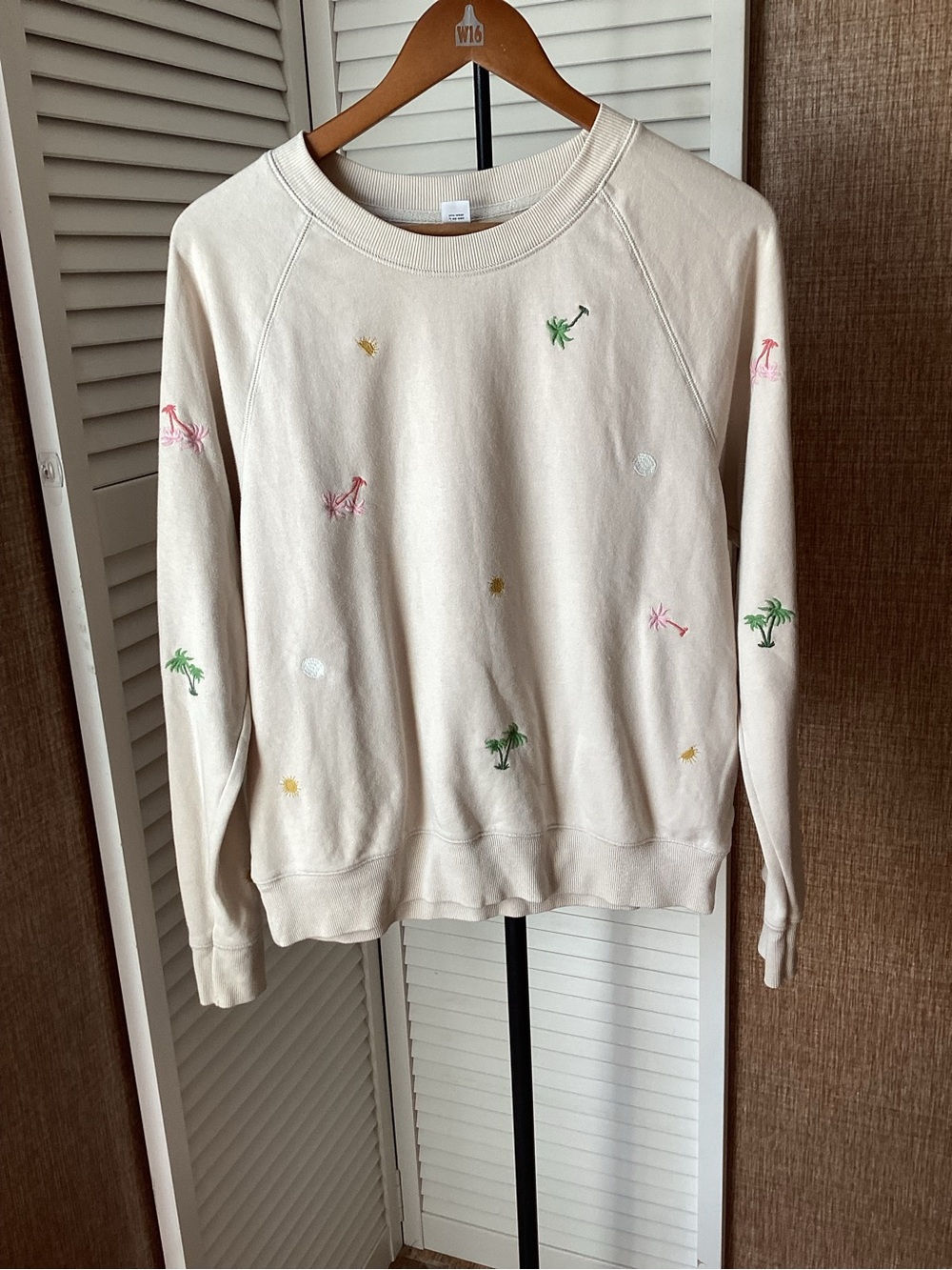 Old Navy Cream Crewneck Sweater with Colorful Palm Embroidery